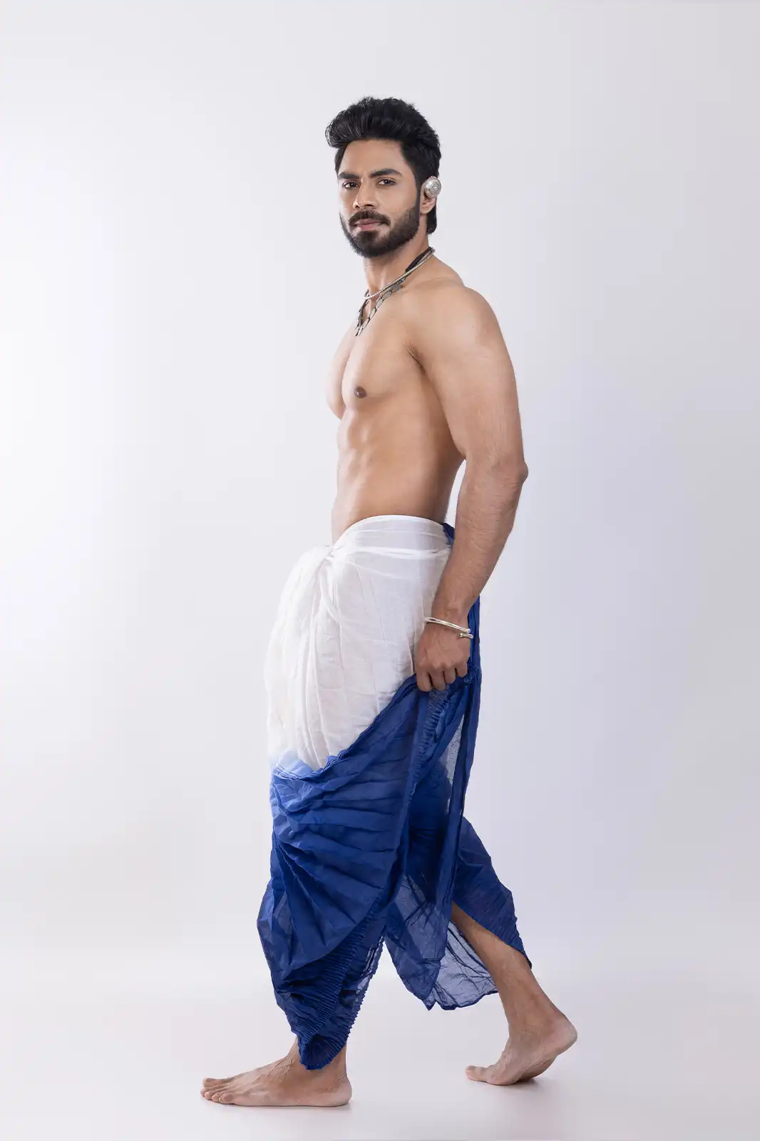Kolkom Cotton Dhoti White Navy, Eco-friendly Cotton Dhoti, Organic Fabric Traditional Dhoti, Natural Fiber Men’s Dhoti, Sustainable Ethnic Wear Cotton Dhoti, Handwoven Organic Dhoti