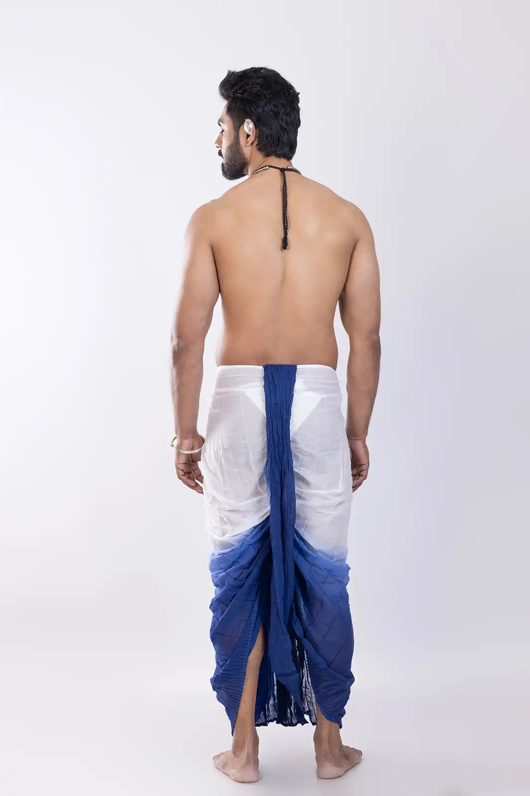 Kolkom Cotton Dhoti White Navy, Eco-friendly Cotton Dhoti, Organic Fabric Traditional Dhoti, Natural Fiber Men’s Dhoti, Sustainable Ethnic Wear Cotton Dhoti, Handwoven Organic Dhoti