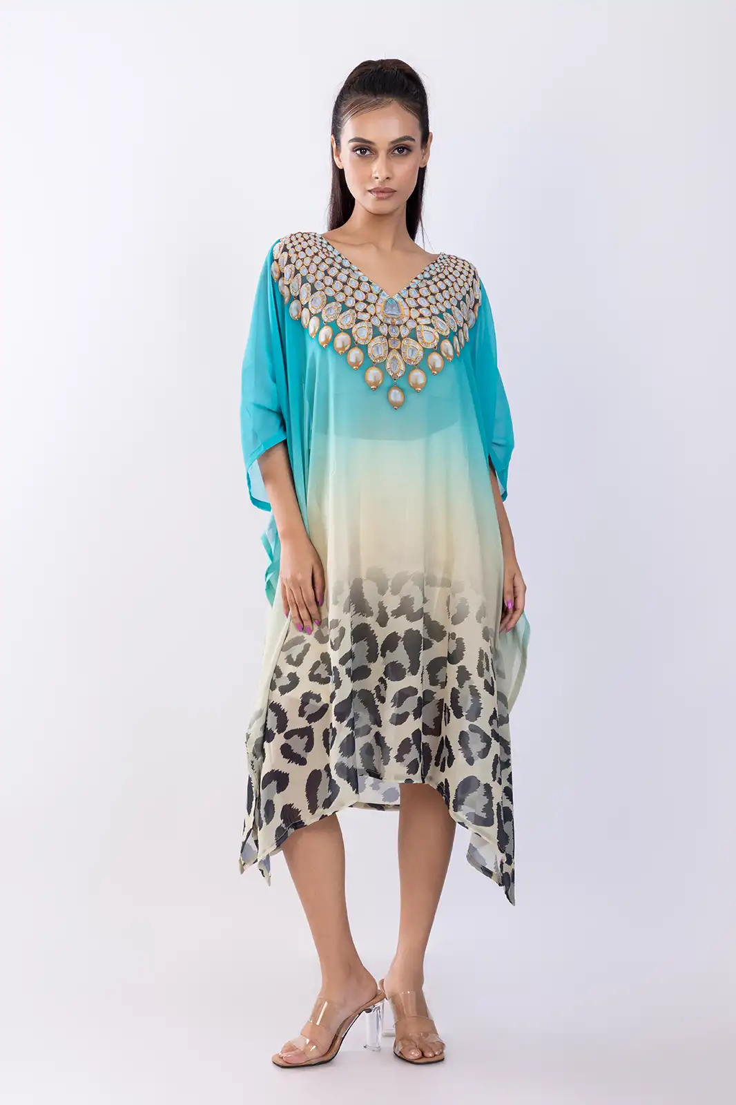 Lolai Short Kaftan Recycled Print Turq, Eco-friendly Printed Short Kaftan, Organic Fabric Recycled Print Kaftan, Sustainable Casual Short Kaftan, Recycled Material Boho Kaftan