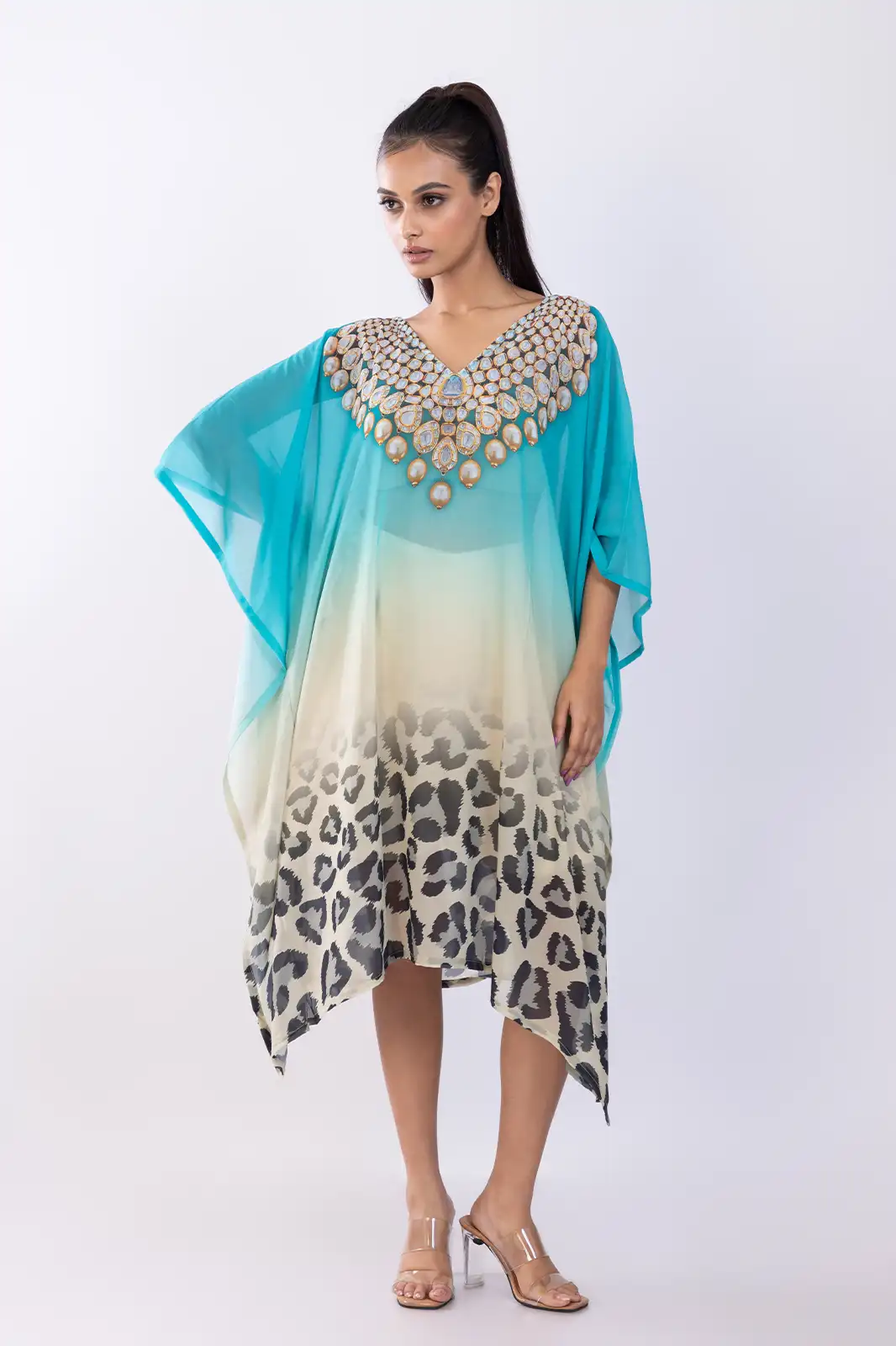 Lolai Short Kaftan Recycled Print Turq, Eco-friendly Printed Short Kaftan, Organic Fabric Recycled Print Kaftan, Sustainable Casual Short Kaftan, Recycled Material Boho Kaftan