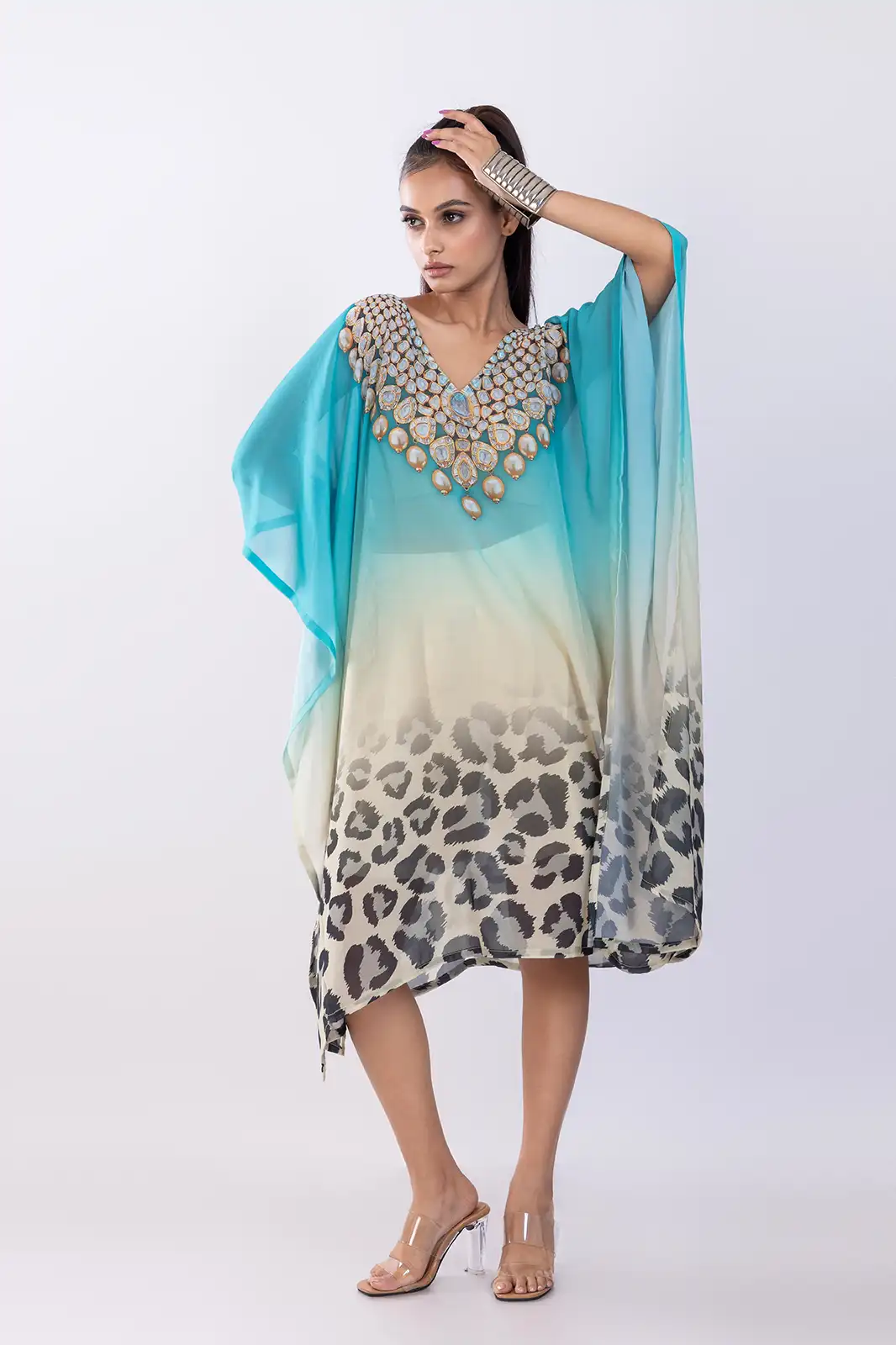 Lolai Short Kaftan Recycled Print Turq, Eco-friendly Printed Short Kaftan, Organic Fabric Recycled Print Kaftan, Sustainable Casual Short Kaftan, Recycled Material Boho Kaftan