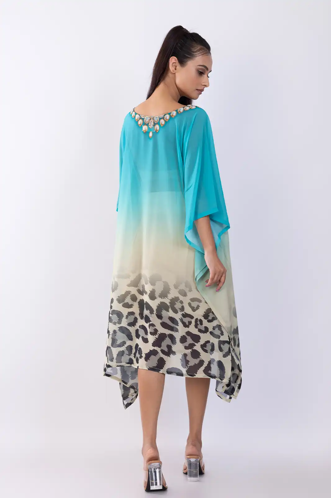 Lolai Short Kaftan Recycled Print Turq, Eco-friendly Printed Short Kaftan, Organic Fabric Recycled Print Kaftan, Sustainable Casual Short Kaftan, Recycled Material Boho Kaftan