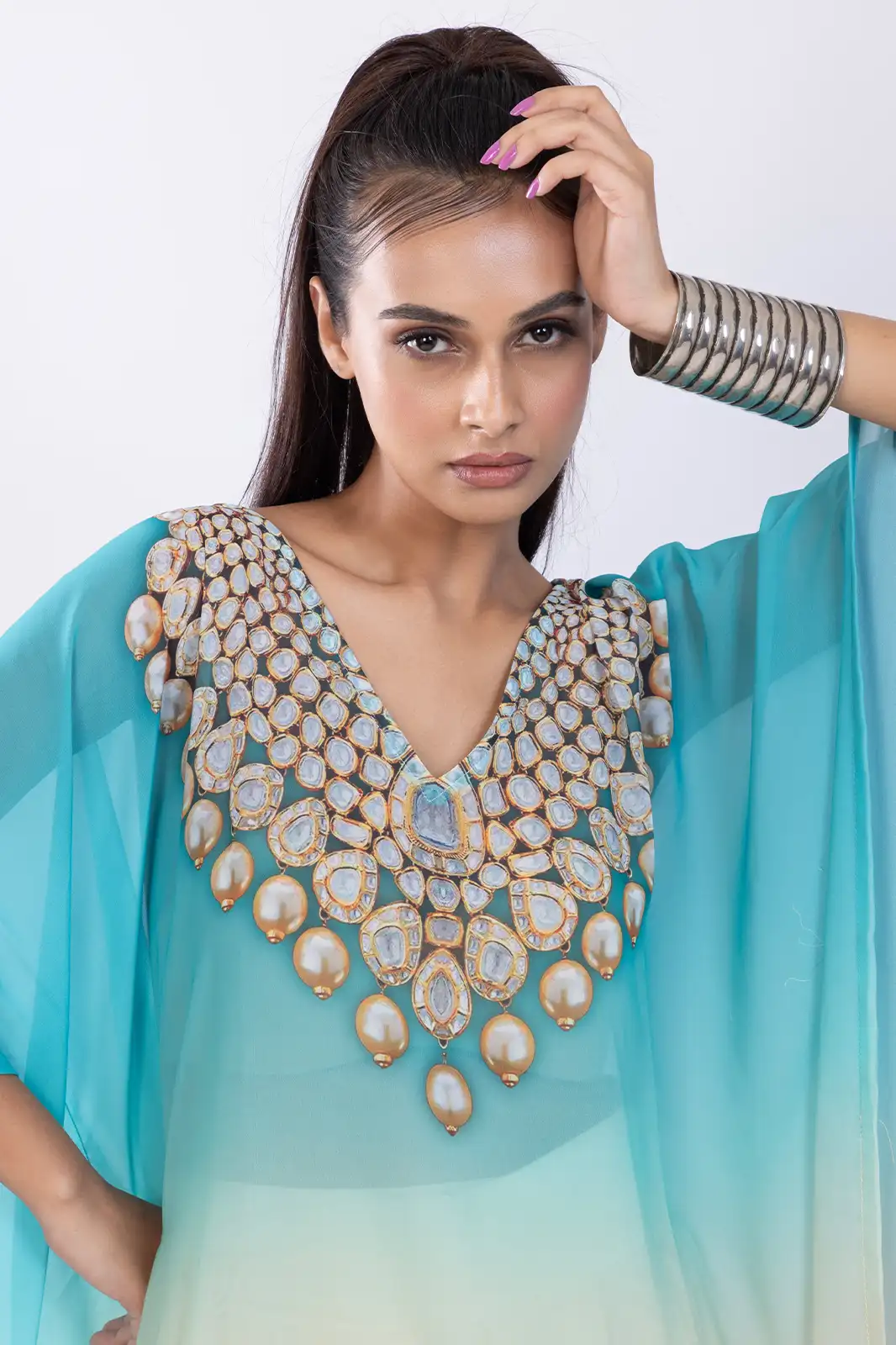 Lolai Short Kaftan Recycled Print Turq, Eco-friendly Printed Short Kaftan, Organic Fabric Recycled Print Kaftan, Sustainable Casual Short Kaftan, Recycled Material Boho Kaftan