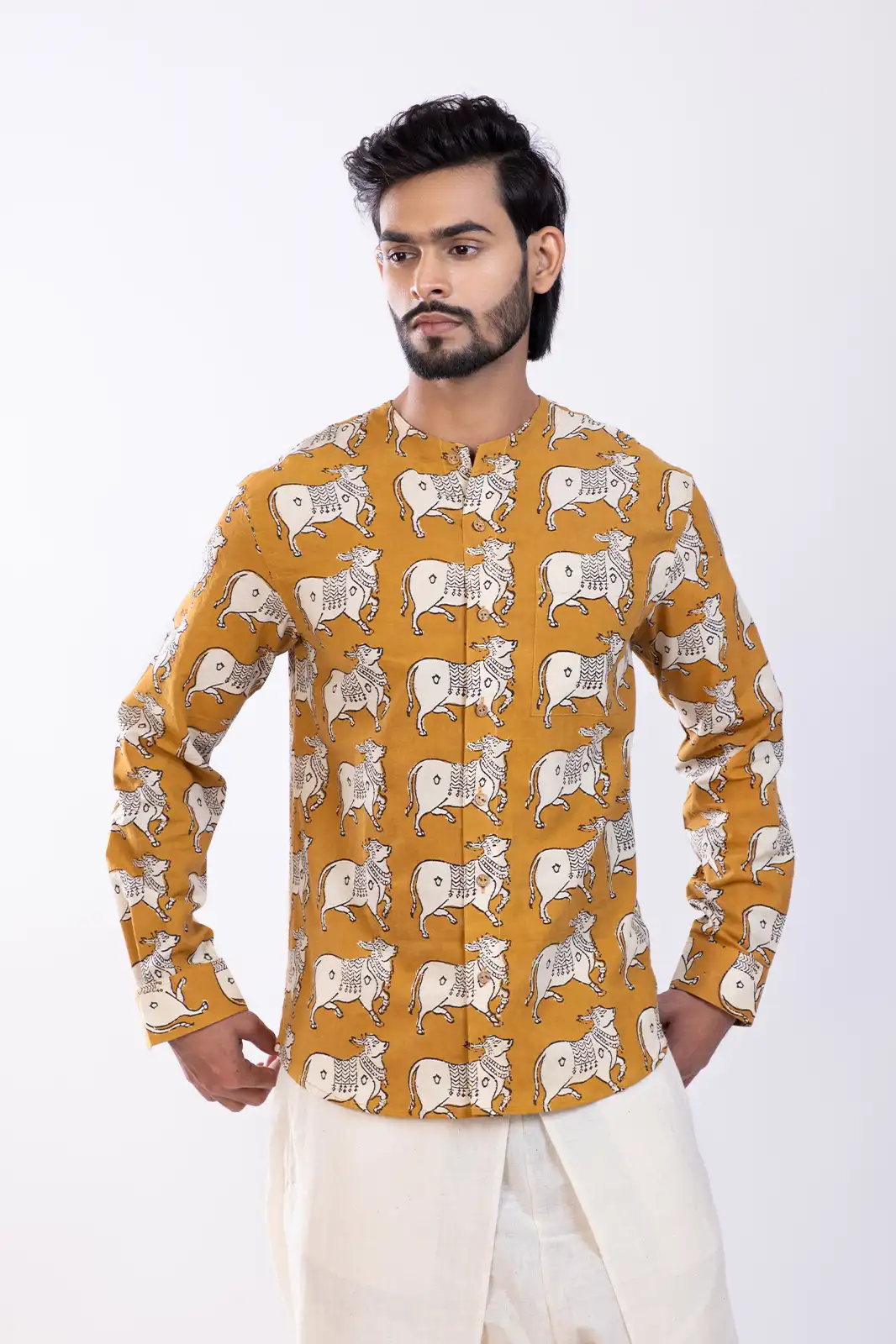 Nanz Cotton Printed Shirt Mustard, Hand Printed Shirts, Print Shirts For Men, Cotton Printed Shirts For Men, Unique Print Shirts, Indian Shirt For Men