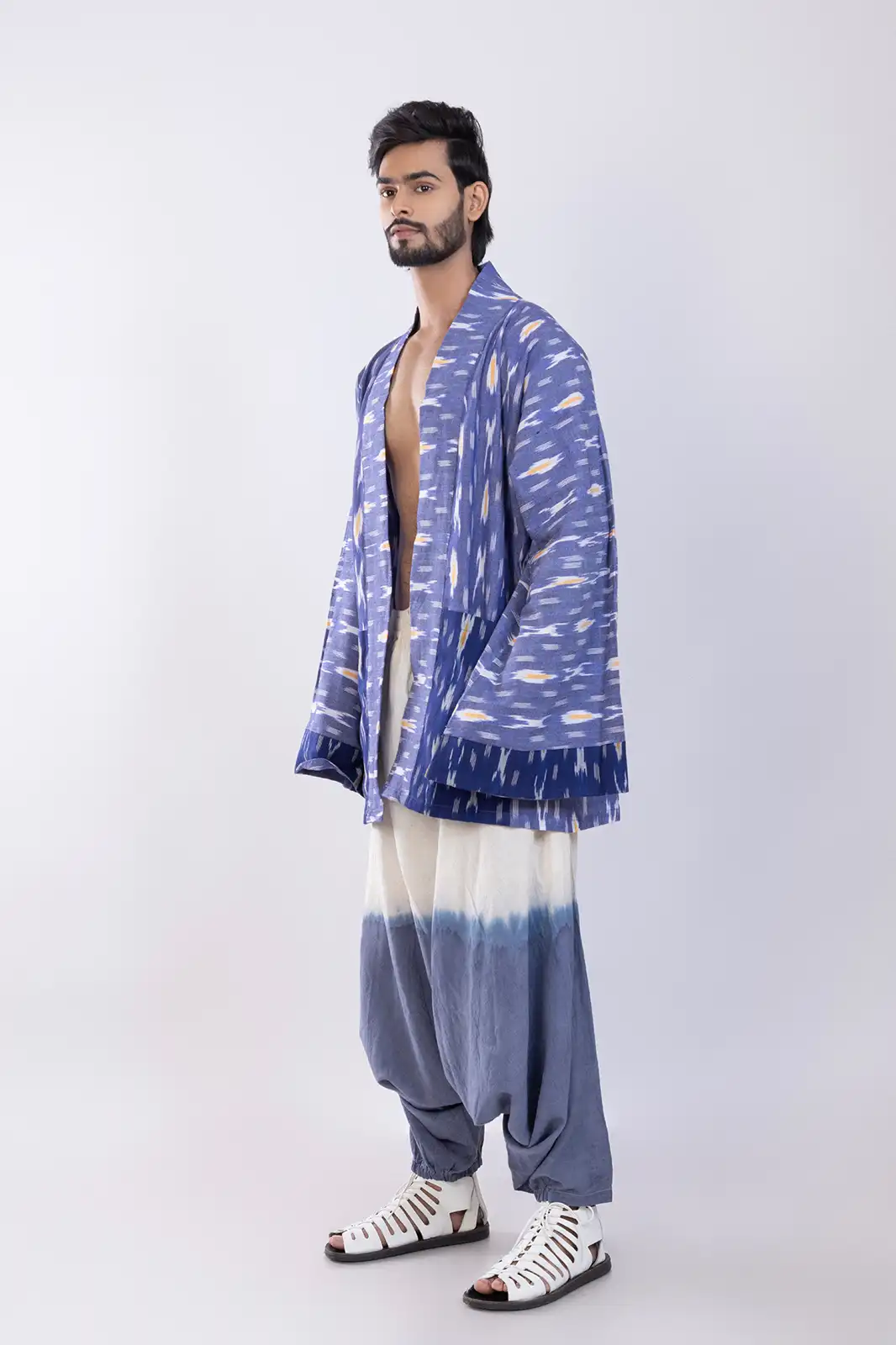 Nefes Mens Kaftan Cotton Ikat, Handwoven Ikat Kaftan For Men, Organic Cotton Men’s Kaftan, Eco-friendly Ikat Loungewear, Sustainable Ethnic Wear For Men