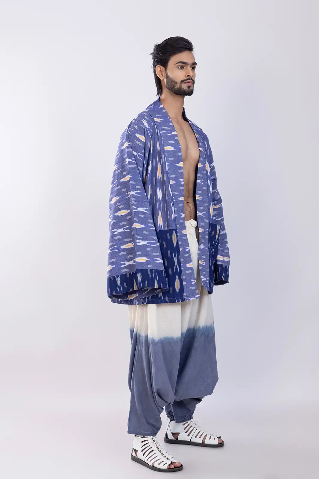 Nefes Mens Kaftan Cotton Ikat, Handwoven Ikat Kaftan For Men, Organic Cotton Men’s Kaftan, Eco-friendly Ikat Loungewear, Sustainable Ethnic Wear For Men