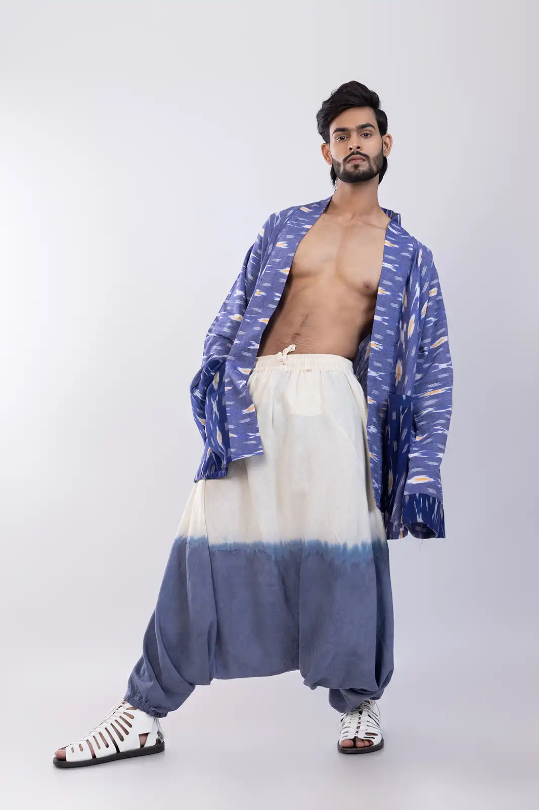 Nefes Mens Kaftan Cotton Ikat, Handwoven Ikat Kaftan For Men, Organic Cotton Men’s Kaftan, Eco-friendly Ikat Loungewear, Sustainable Ethnic Wear For Men