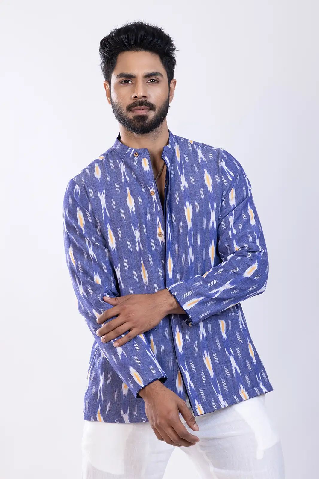 Reversible Cotton Ikat Jacket, Eco-friendly Ikat Cotton Jacket, Organic Fabric Ikat Outerwear, Sustainable Handwoven Cotton Jacket, Natural Fiber Ikat Patterned Jacket