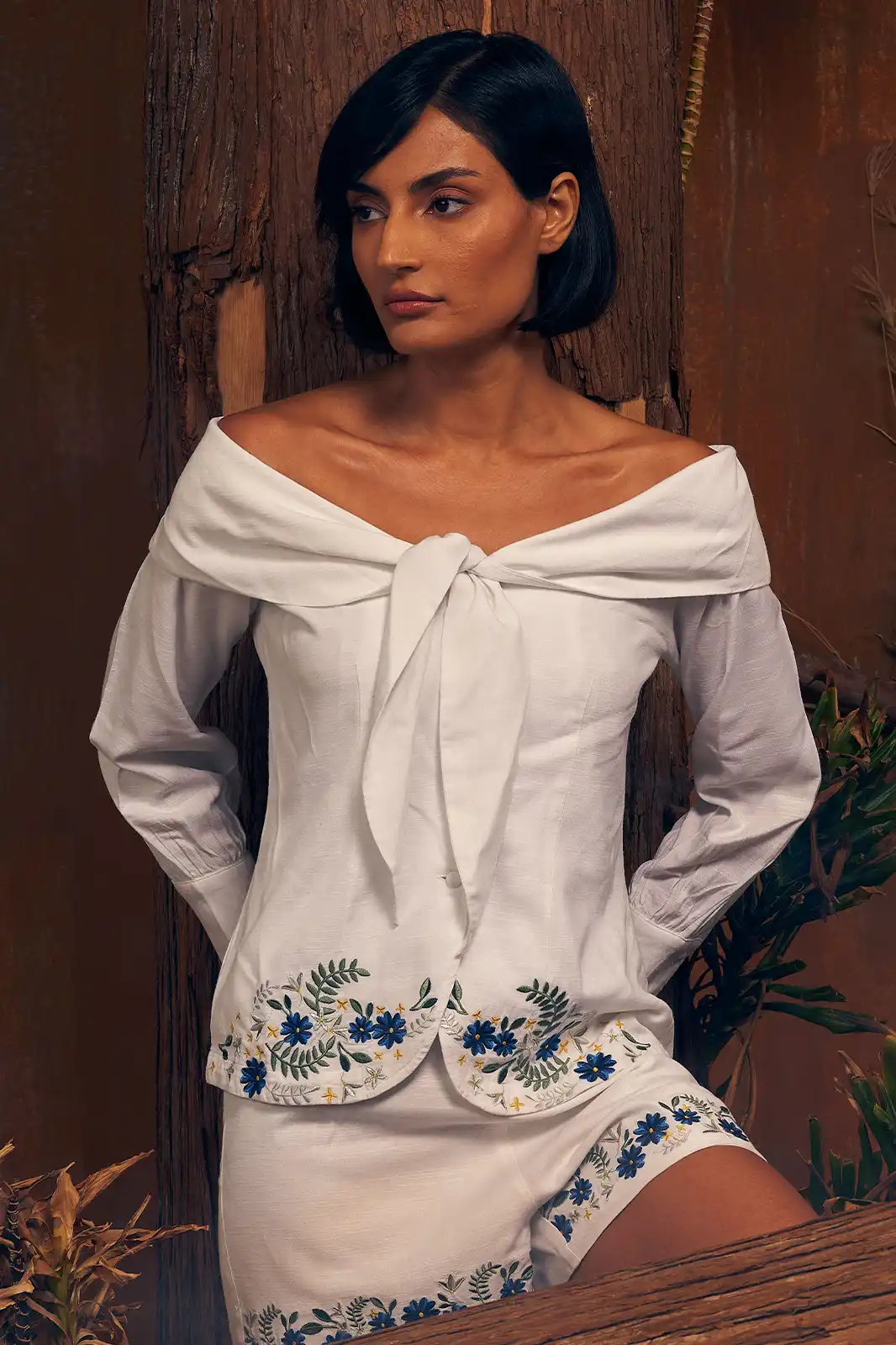 Amaya Handmade White Linen Off Shoulder Top, Off Shoulder Top For Woman, White Off Shoulder Top, Full Sleeve Off Shoulder Top, Embroidered Linen Top