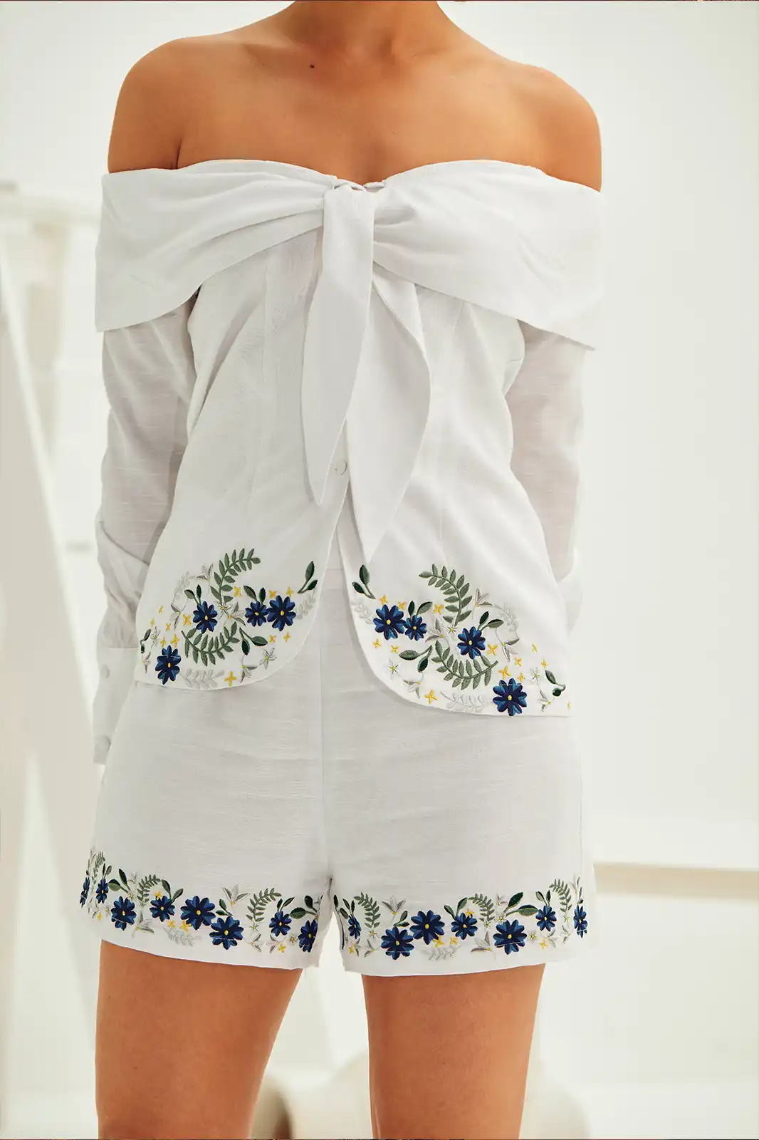 Amaya Handmade White Linen Off Shoulder Top, Off Shoulder Top For Woman, White Off Shoulder Top, Full Sleeve Off Shoulder Top, Embroidered Linen Top