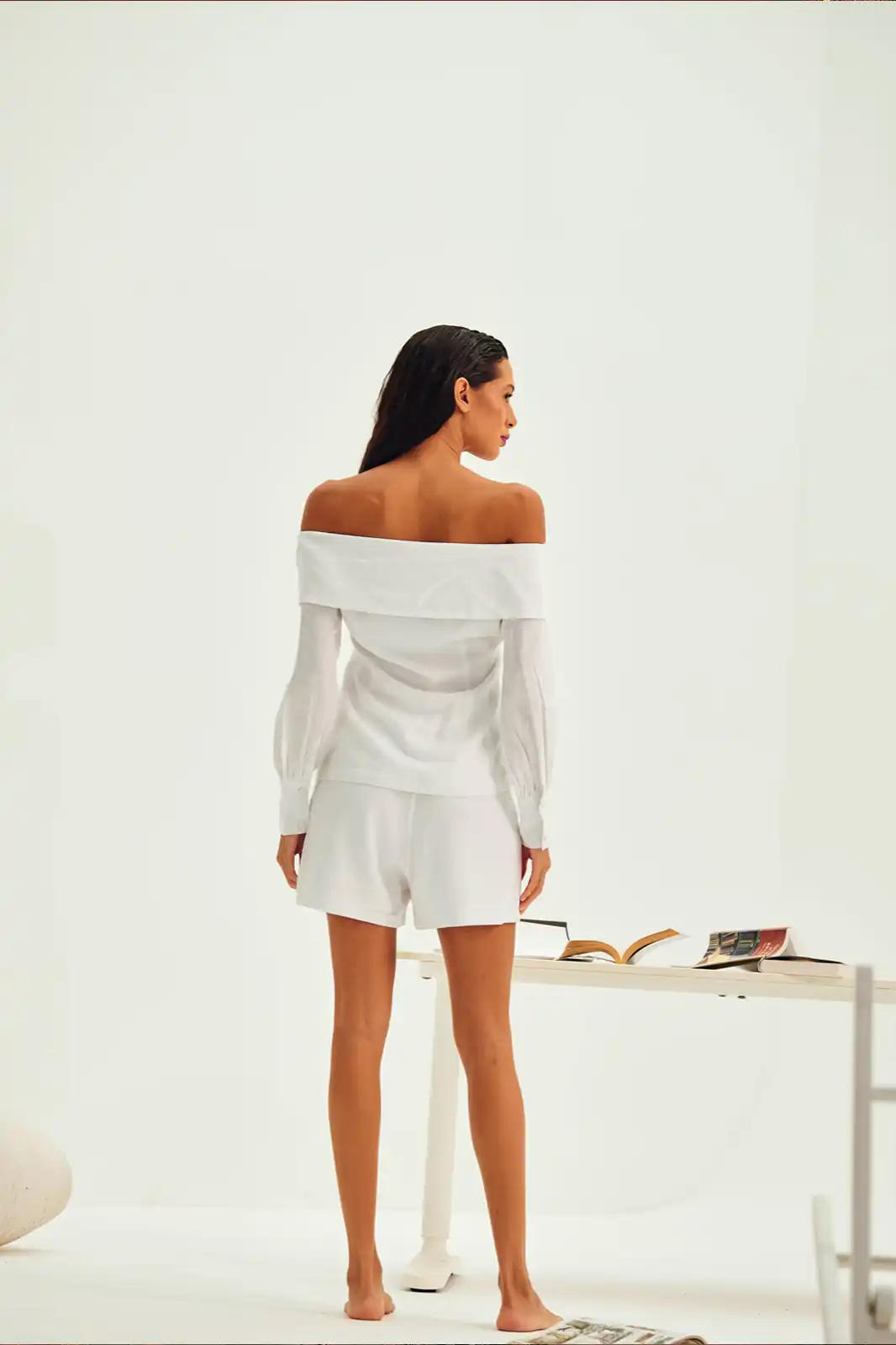 Amaya Handmade White Linen Off Shoulder Top, Off Shoulder Top For Woman, White Off Shoulder Top, Full Sleeve Off Shoulder Top, Embroidered Linen Top