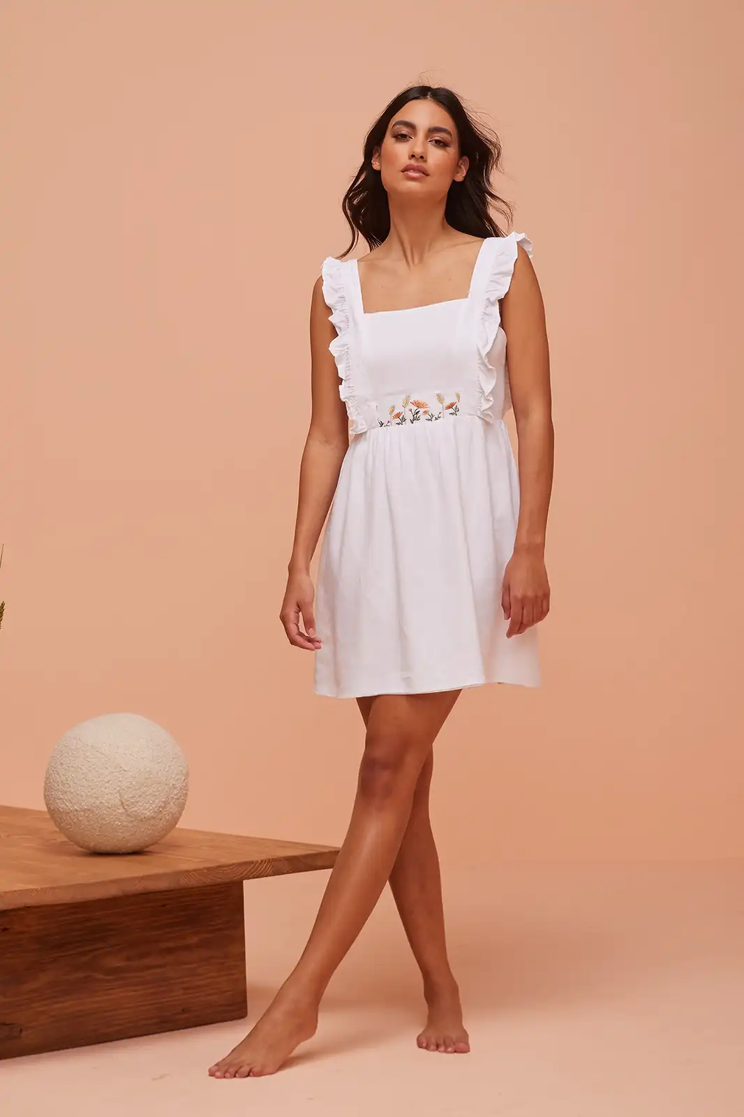 Aurora Handamde White Linen Half Sleeve Onepiece Dress For Women