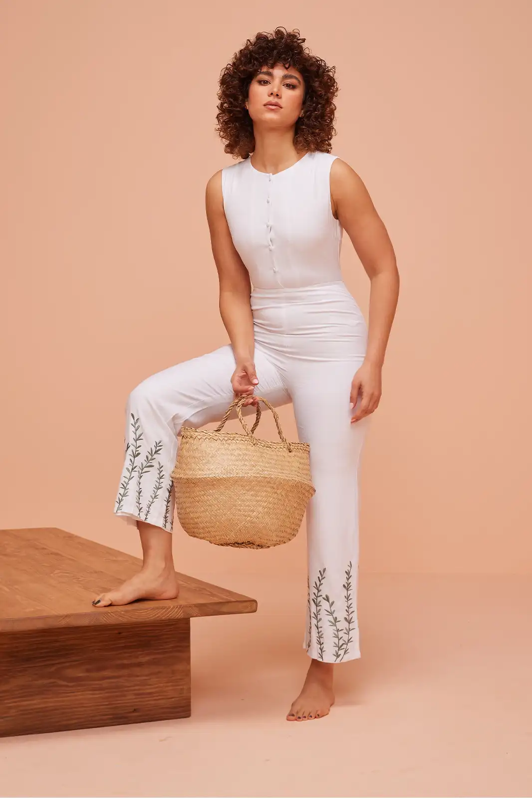 Bambi Organic White Linen Printed Jumpsuit, Ladies Linen Jumpsuit, Pure Linen Jumpsuit, White Jumpsuit For Women, Ethnic Jumpsuit