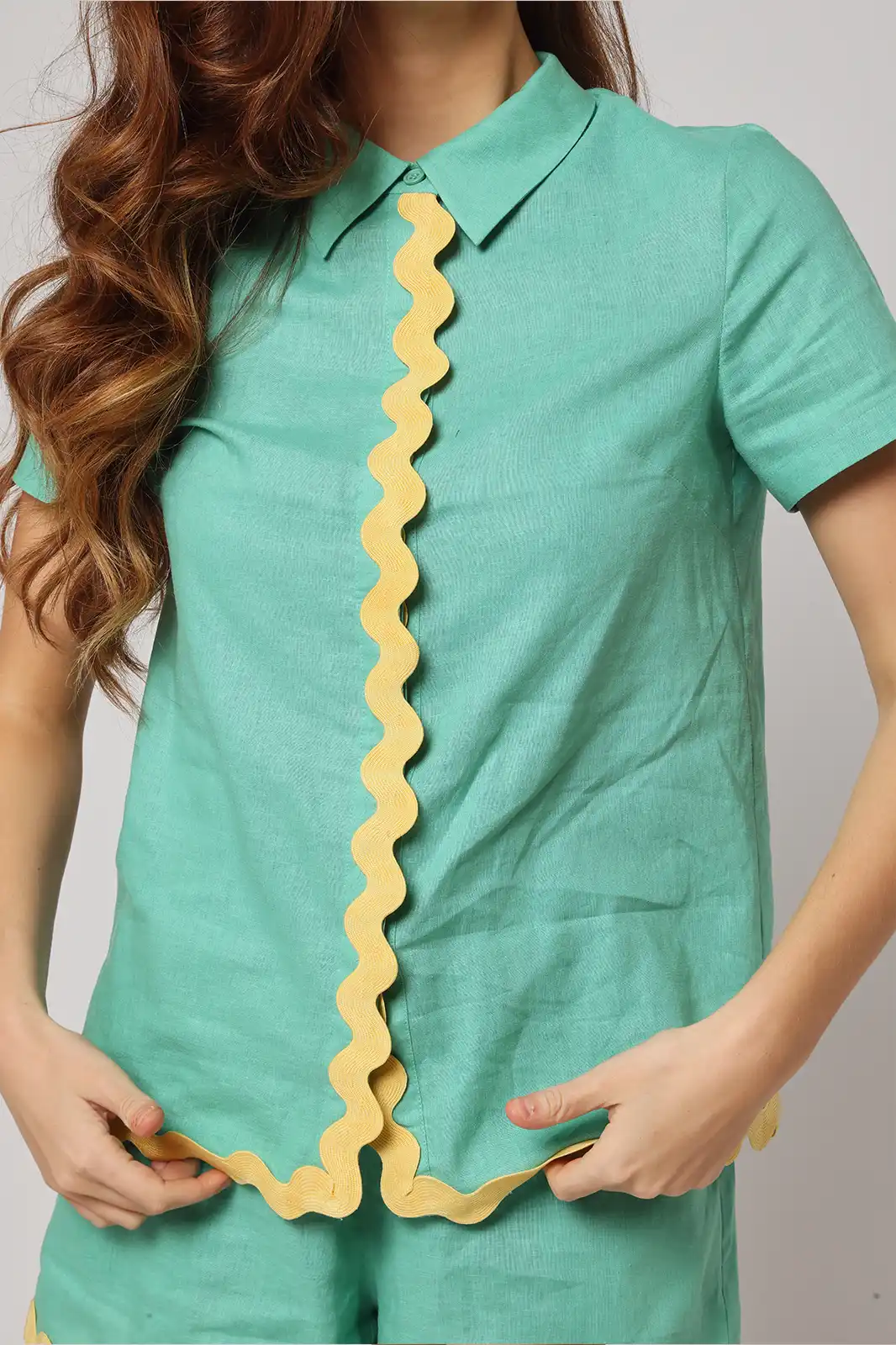 Dariya Green Half Sleeve Top, Women Clothing, Casual Half Sleeve Tops, Half Sleeve Tops For Ladies, Half Sleeve Tops, Women’s Casual Half Sleeve Tops, Women Clothing, Sepia Stories, Clothes For Women, Sustainable Cotton Clothing, Organic Women Clothing, Eco Friendly Clothing, Slow Fashion Brand, Slow Fashion Clothing, Ashita Fernandes, Sustainable Luxury Clothing Brands