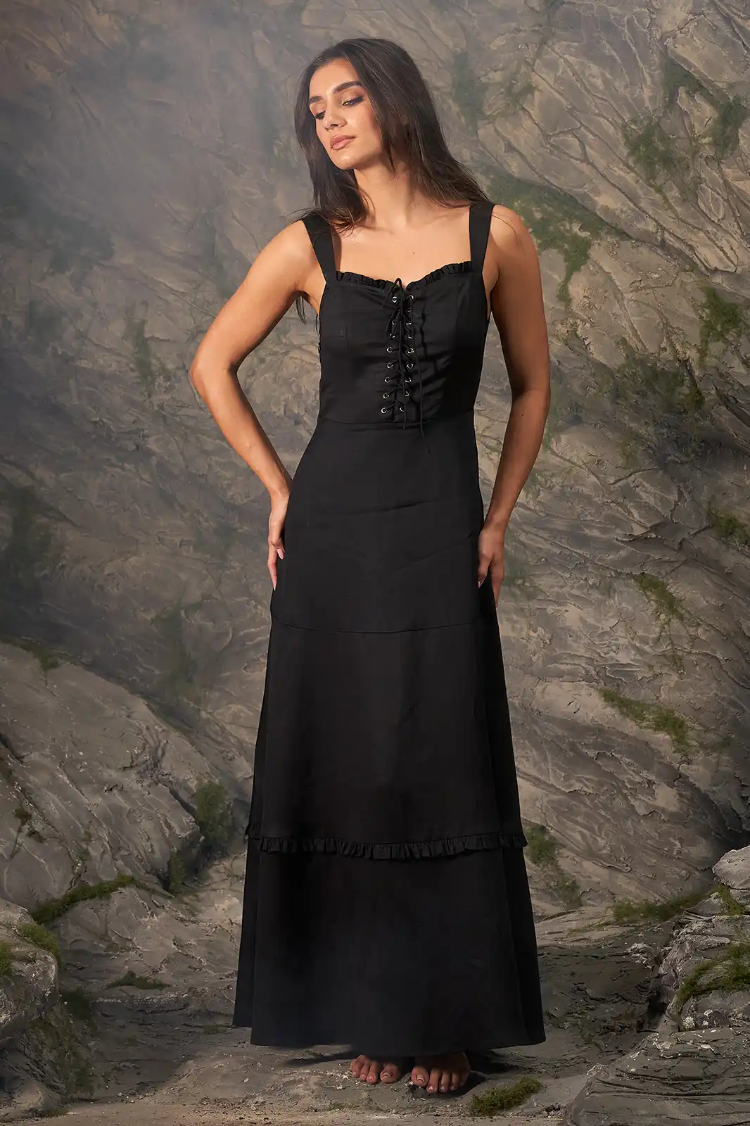 Women Clothing, Sepia Stories, Clothes For Women, Sustainable Cotton Clothing, Organic Women Clothing, Eco Friendly Clothing, Slow Fashion Brand, Slow Fashion Clothing, Ashita Fernandes, Sustainable Luxury Clothing Brands, Husn Black Corset Midi Dress, Corset Midi Dress For Women, Corset Dress For Women, Black Corset Dress, Long Corset Dress, Corset Maxi Dress