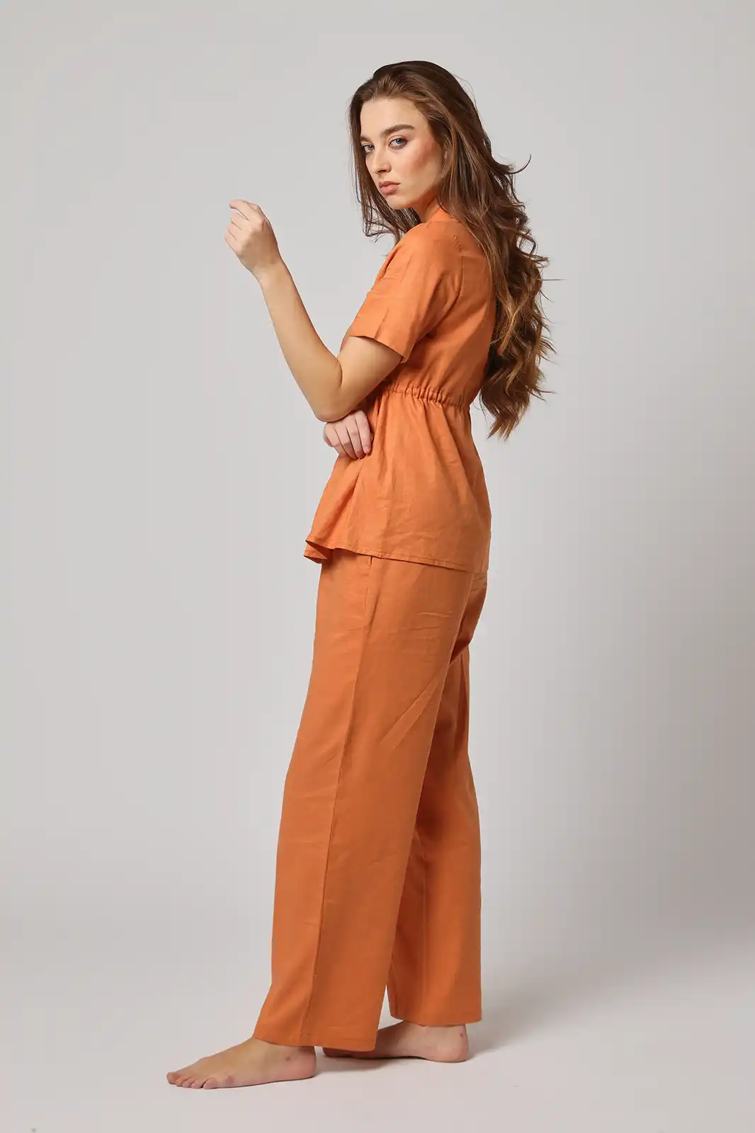 Women Clothing, Sepia Stories, Clothes For Women, Sustainable Cotton Clothing, Organic Women Clothing, Eco Friendly Clothing, Slow Fashion Brand, Slow Fashion Clothing, Ashita Fernandes, Sustainable Luxury Clothing Brands, Khwaab High Waisted Trousers, High Waist Trousers For Women, Linen Trousers For Women, Formal Women Trousers, High Waisted Loose Pants, Orange Trousers