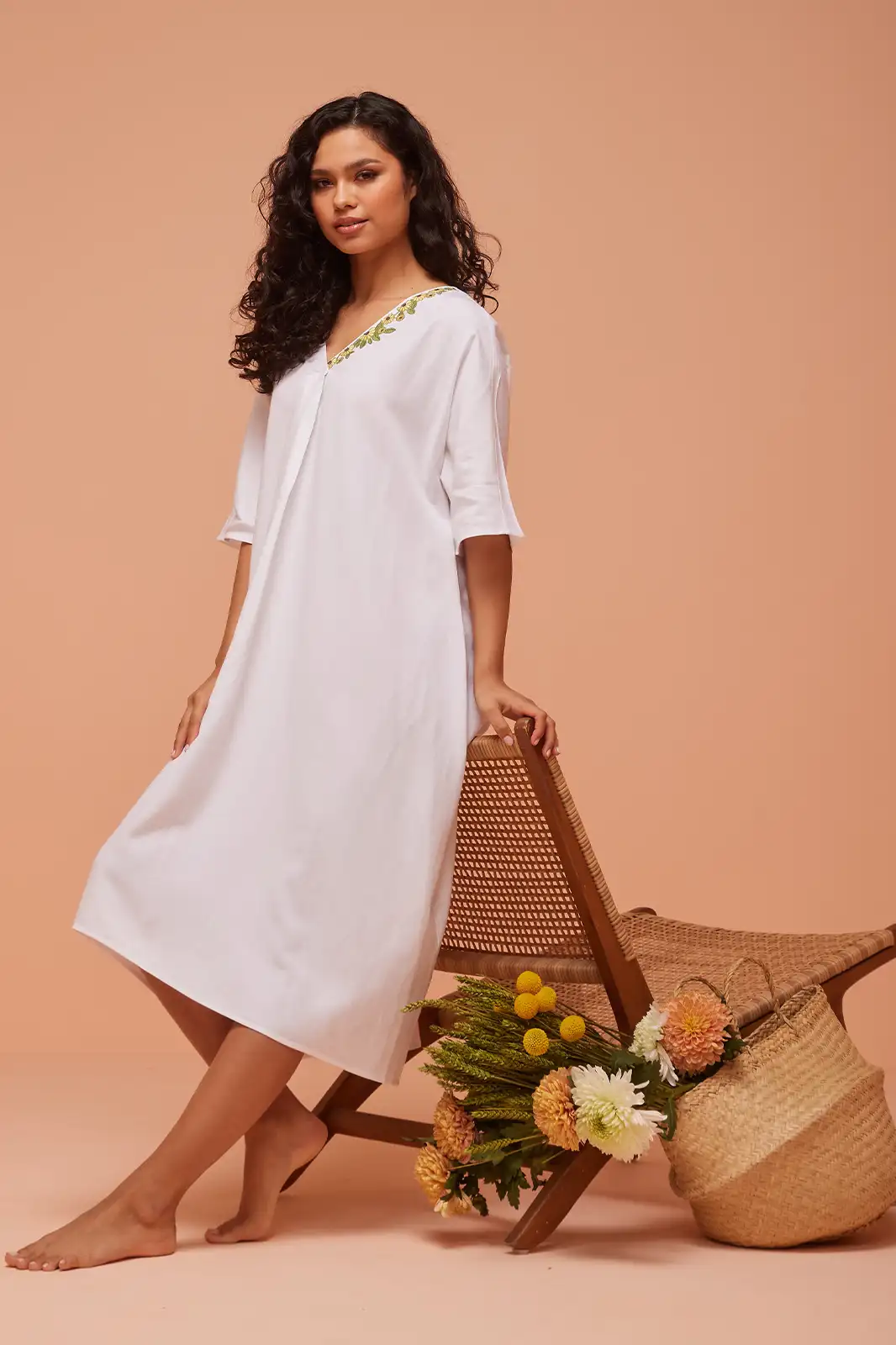 Rae Handamde White Linen Knee Length Long Dress, Linen Dresses For Women, Pure Linen Dresses, 1 Piece Long Dress, Floral Long Dress