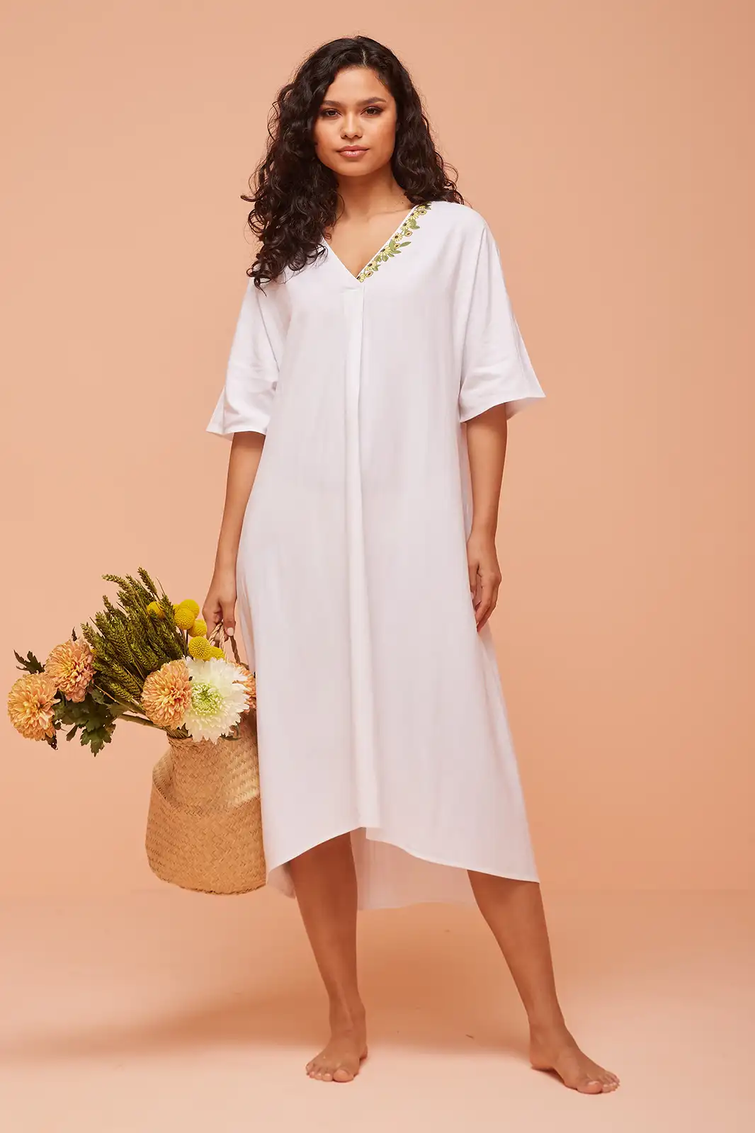 Rae Handamde White Linen Knee Length Long Dress, Linen Dresses For Women, Pure Linen Dresses, 1 Piece Long Dress, Floral Long Dress