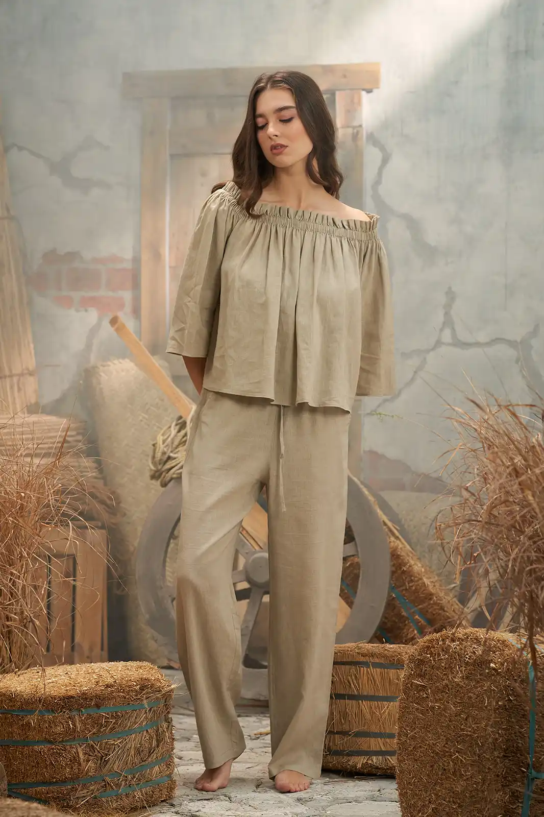 Urja Loose Off Shoulder Crop Top, Women’s Off Shoulder Tops, Off Shoulder Crop Top Long Sleeve, Linen Crop Top, Trending Women Tops, Women Clothing, Sepia Stories, Clothes For Women, Sustainable Cotton Clothing, Organic Women Clothing, Eco Friendly Clothing, Slow Fashion Brand, Slow Fashion Clothing, Ashita Fernandes, Sustainable Luxury Clothing Brands