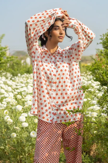 autumn trail shirt, mul mul shirt, balloon sleeves, hand embellishment, cuff embroidery, women’s shirt, artisan shirt, sustainable fashion, eco shirt, Sepia Stories