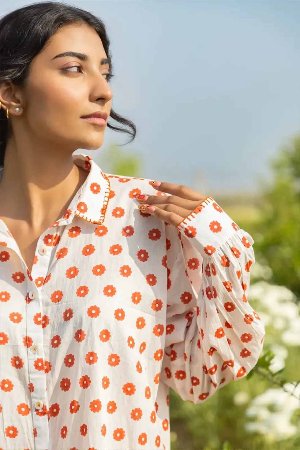 autumn trail shirt, mul mul shirt, balloon sleeves, hand embellishment, cuff embroidery, women’s shirt, artisan shirt, sustainable fashion, eco shirt, Sepia Stories