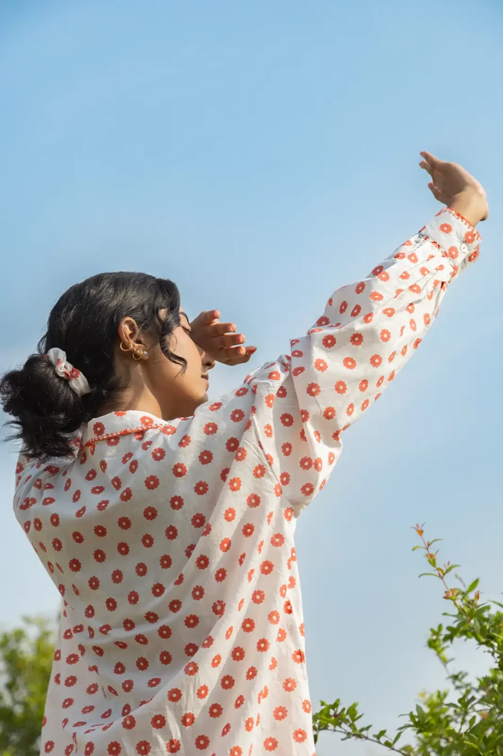autumn trail shirt, mul mul shirt, balloon sleeves, hand embellishment, cuff embroidery, women’s shirt, artisan shirt, sustainable fashion, eco shirt, Sepia Stories