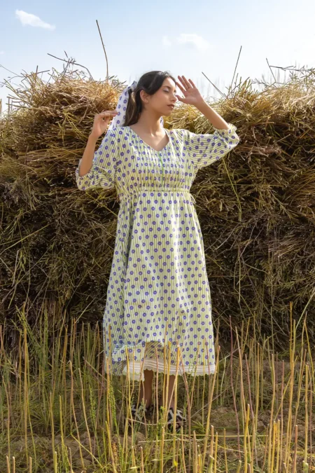 Dandelion Days Dress, dandelion dress, organic cotton, handcrafted dress, sustainable fashion, women’s dress, pintuck detail, scallop hem, eco clothing, artisan dress, Sepia Stories