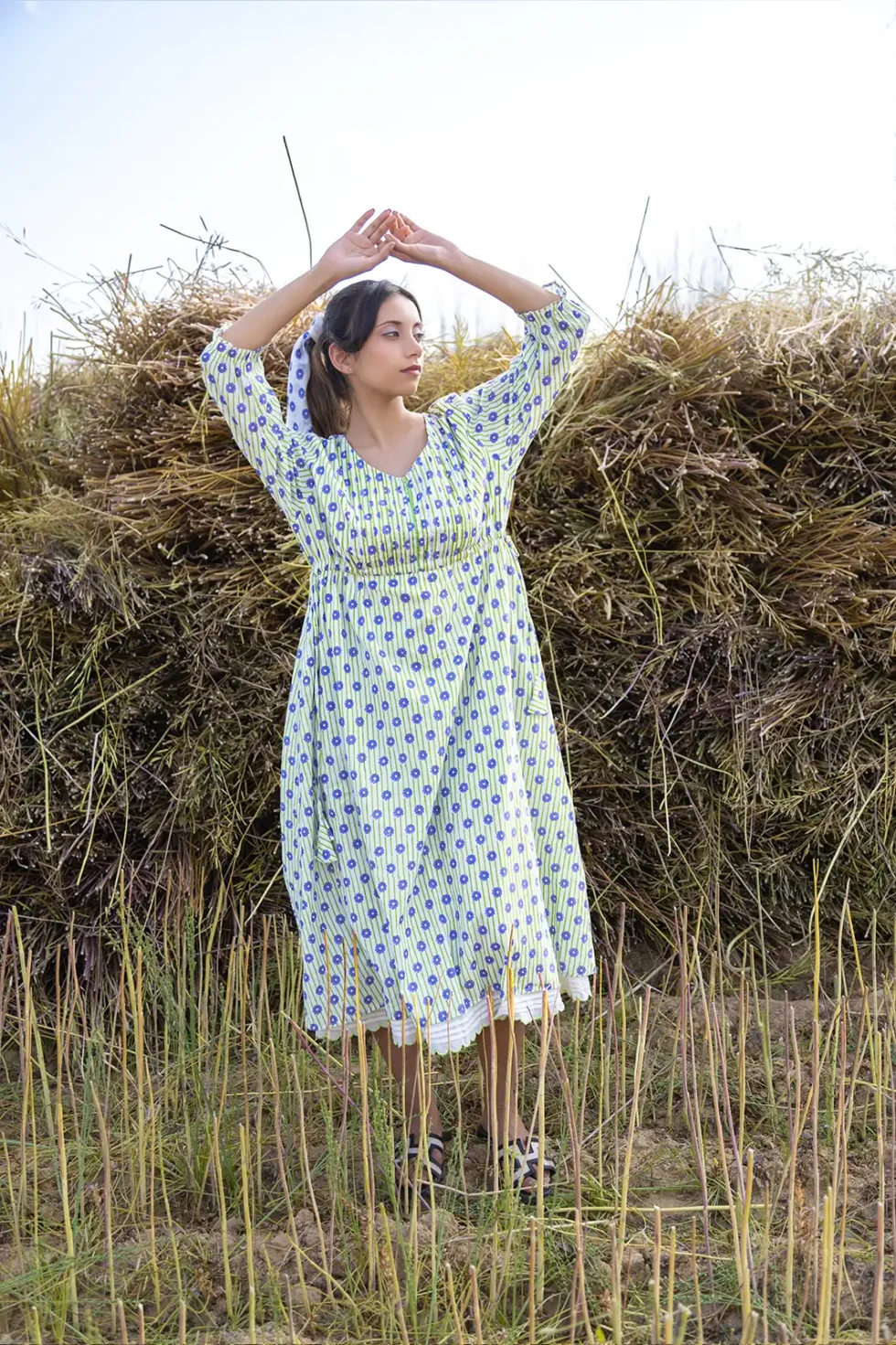 Dandelion Days Dress, dandelion dress, organic cotton, handcrafted dress, sustainable fashion, women’s dress, pintuck detail, scallop hem, eco clothing, artisan dress, Sepia Stories