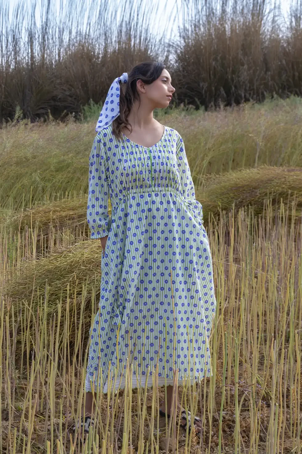 Dandelion Days Dress, dandelion dress, organic cotton, handcrafted dress, sustainable fashion, women’s dress, pintuck detail, scallop hem, eco clothing, artisan dress, Sepia Stories