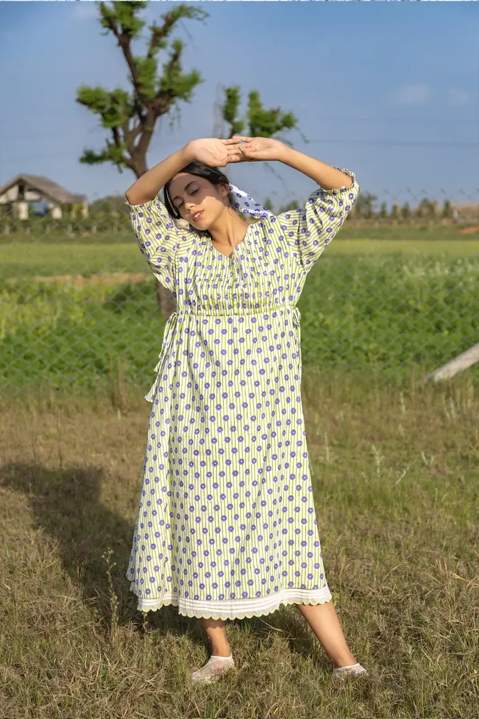Dandelion Days Dress, dandelion dress, organic cotton, handcrafted dress, sustainable fashion, women’s dress, pintuck detail, scallop hem, eco clothing, artisan dress, Sepia Stories