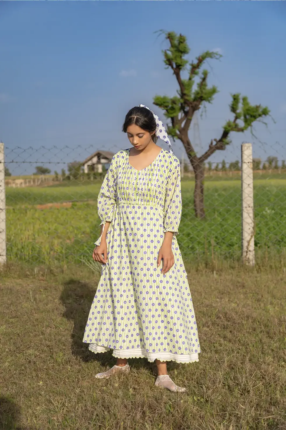 Dandelion Days Dress, dandelion dress, organic cotton, handcrafted dress, sustainable fashion, women’s dress, pintuck detail, scallop hem, eco clothing, artisan dress, Sepia Stories