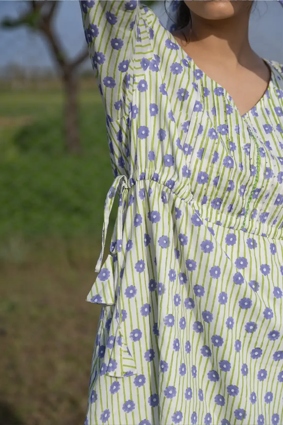 Dandelion Days Dress, dandelion dress, organic cotton, handcrafted dress, sustainable fashion, women’s dress, pintuck detail, scallop hem, eco clothing, artisan dress, Sepia Stories