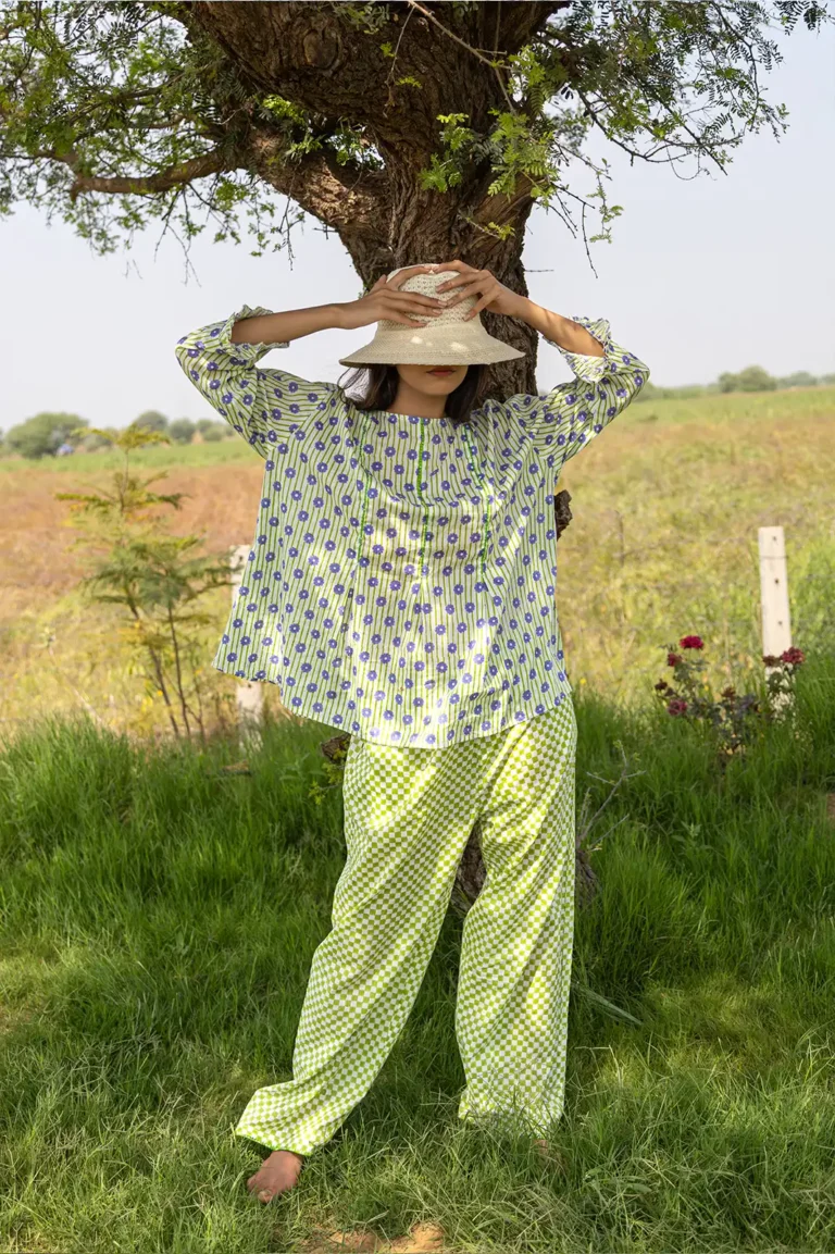 ember pleat top, box pleat top, chain stitch embroidery, bead work top, women’s top, handcrafted top, artisan fashion, sustainable clothing, eco wear, Sepia Stories