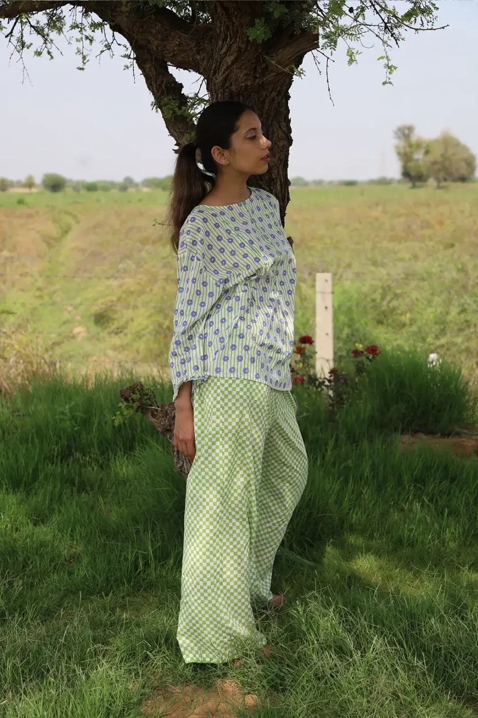 green edge play pants, mul mul pants, hem detailing, pockets, artisan pants, women's bottoms, sustainable fashion, handcrafted pants, edge detail pants, Sepia Stories