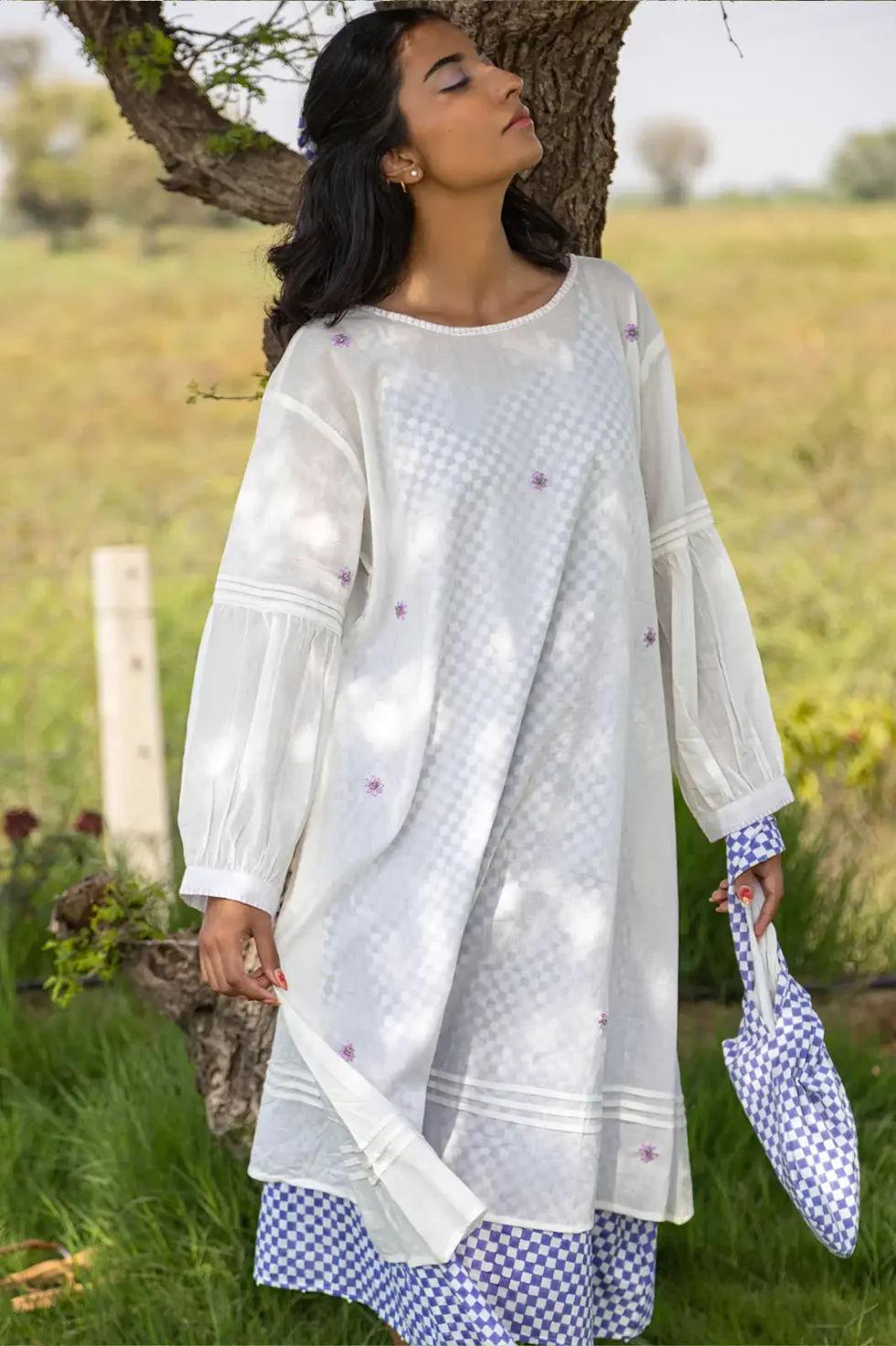 harvest check dress, a-line dress, hand embroidery, floral embroidery, bead work dress, blanket stitch, artisan dress, sustainable fashion, eco clothing, Sepia Stories