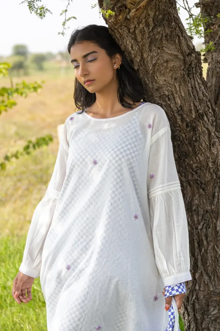 harvest check dress, a-line dress, hand embroidery, floral embroidery, bead work dress, blanket stitch, artisan dress, sustainable fashion, eco clothing, Sepia Stories