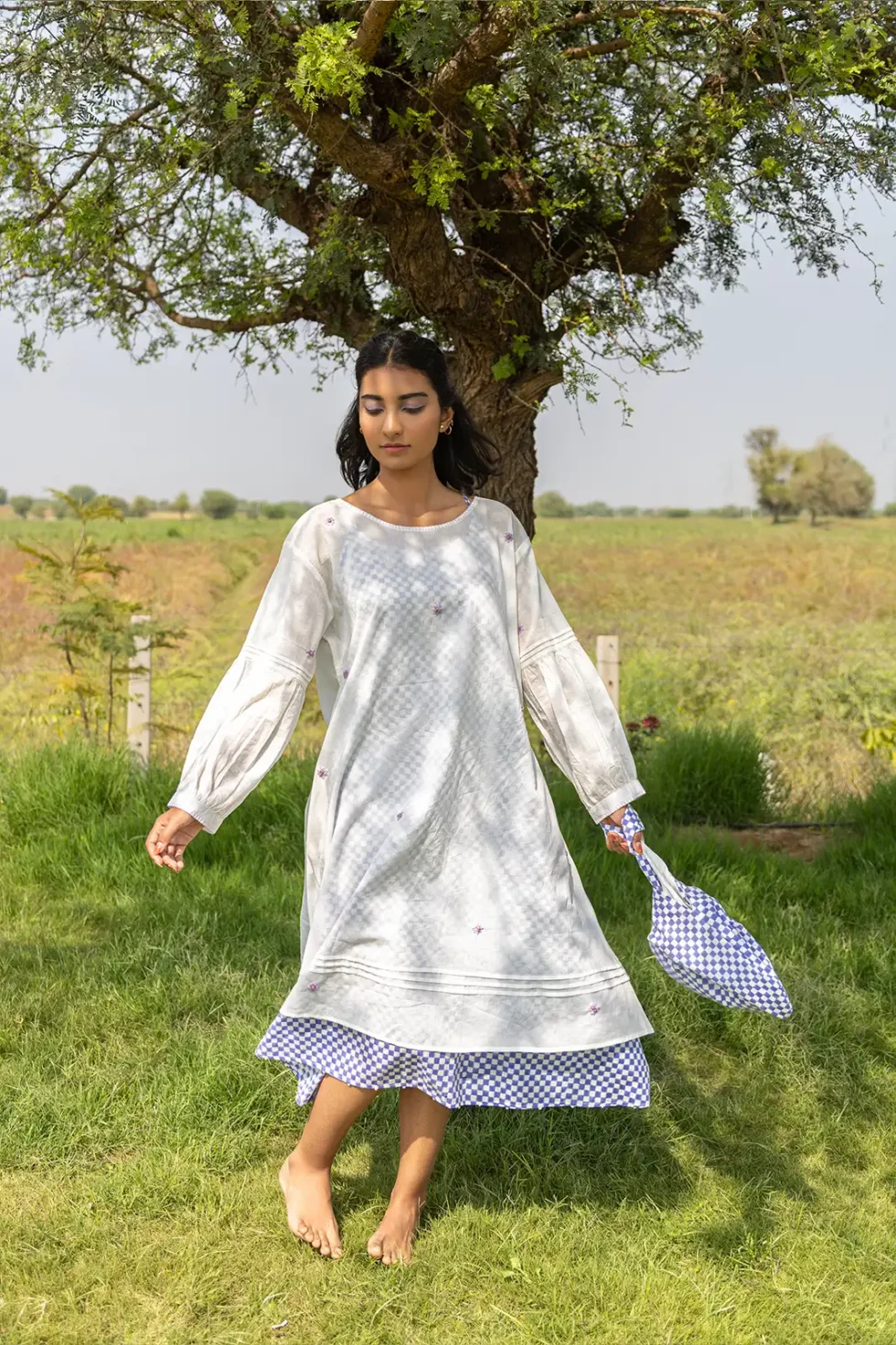 harvest check dress, a-line dress, hand embroidery, floral embroidery, bead work dress, blanket stitch, artisan dress, sustainable fashion, eco clothing, Sepia Stories
