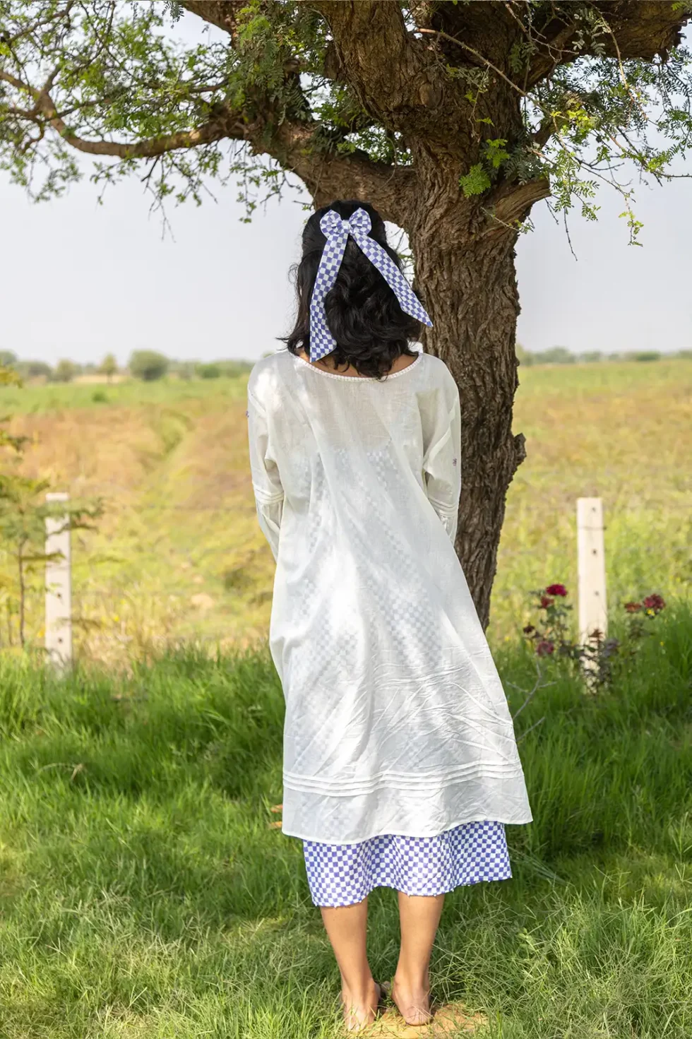 harvest check dress, a-line dress, hand embroidery, floral embroidery, bead work dress, blanket stitch, artisan dress, sustainable fashion, eco clothing, Sepia Stories