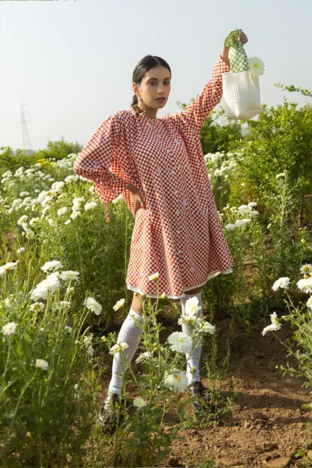 rust reverie, knee-length dress, chain stitch embroidery, bead work dress, women’s dress, artisan dress, sustainable fashion, hand-embroidered dress, eco clothing, Sepia Stories