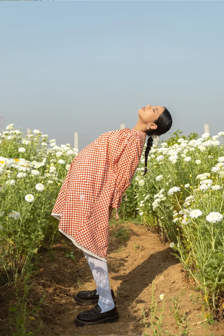 rust reverie, knee-length dress, chain stitch embroidery, bead work dress, women’s dress, artisan dress, sustainable fashion, hand-embroidered dress, eco clothing, Sepia Stories