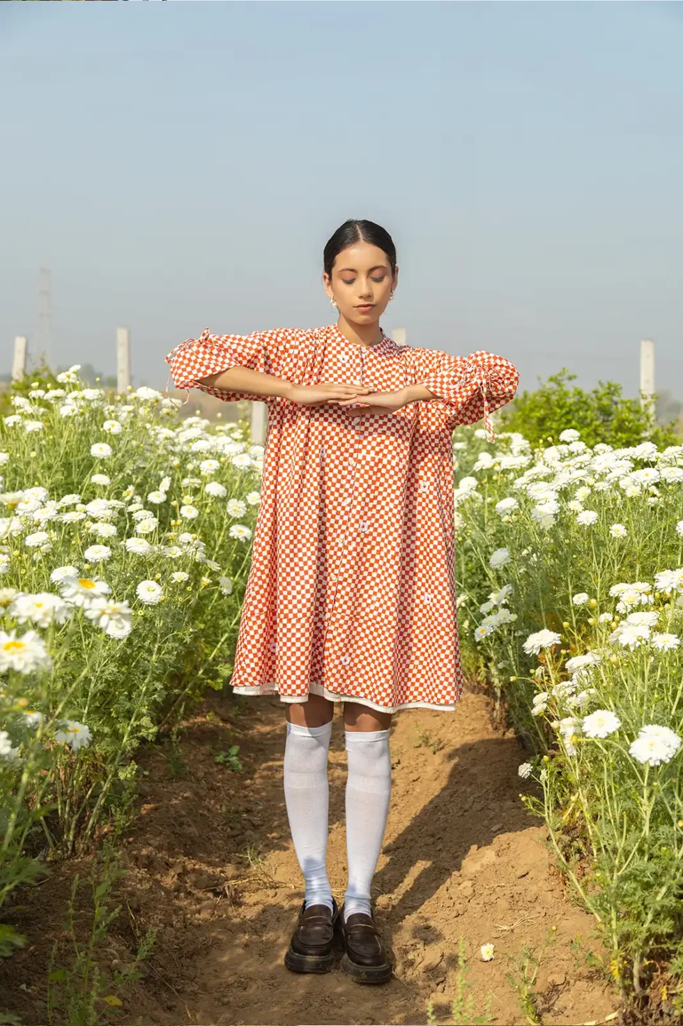 rust reverie, knee-length dress, chain stitch embroidery, bead work dress, women’s dress, artisan dress, sustainable fashion, hand-embroidered dress, eco clothing, Sepia Stories