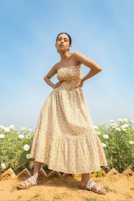 Sunset Bloom Skirt Dress, sunset bloom dress, skirt dress, sustainable fashion, eco dress, handcrafted dress, women’s dress, flowy skirt dress, organic fabric, artisan dress, Sepia Stories