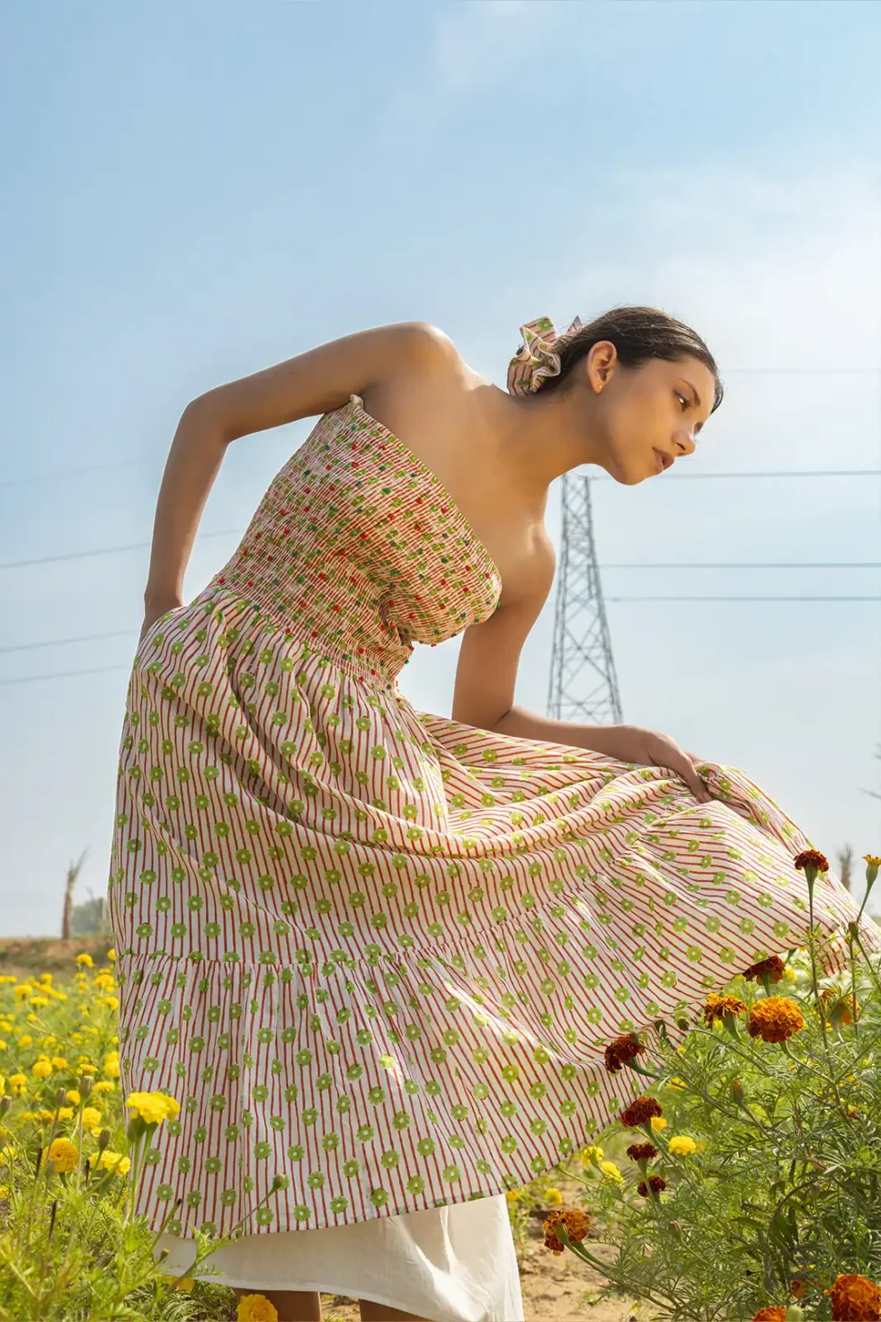 Sunset Bloom Skirt Dress, sunset bloom dress, skirt dress, sustainable fashion, eco dress, handcrafted dress, women’s dress, flowy skirt dress, organic fabric, artisan dress, Sepia Stories