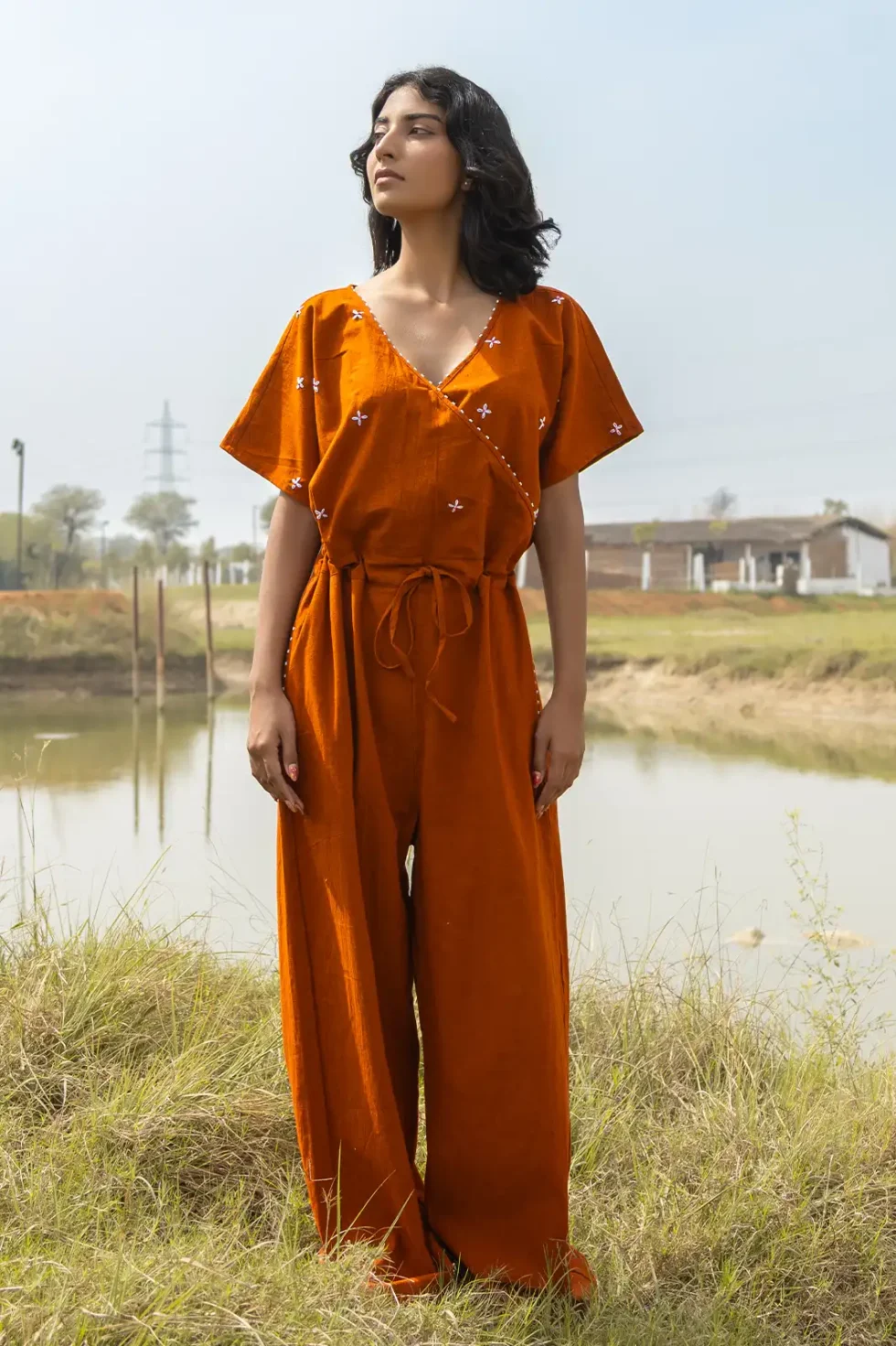 terra jumpsuit, cotton jumpsuit, hand embroidery, women’s jumpsuit, artisan jumpsuit, sustainable fashion, eco clothing, embroidered jumpsuit, handmade jumpsuit, Sepia Stories