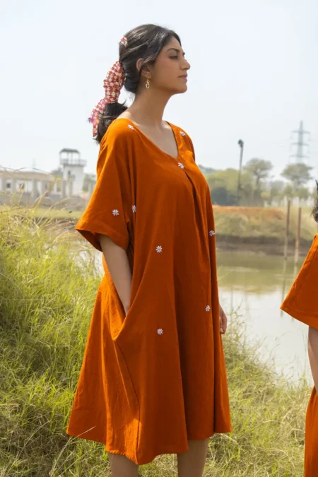 terra midi, a-line dress, hand embroidery, bead work dress, floral embroidery dress, women’s dress, artisan dress, sustainable fashion, eco clothing, Sepia Stories