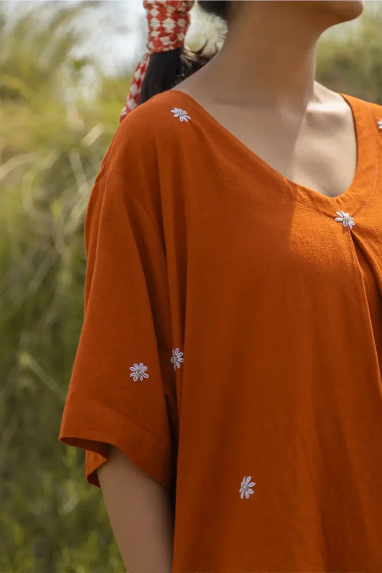 terra midi, a-line dress, hand embroidery, bead work dress, floral embroidery dress, women’s dress, artisan dress, sustainable fashion, eco clothing, Sepia Stories