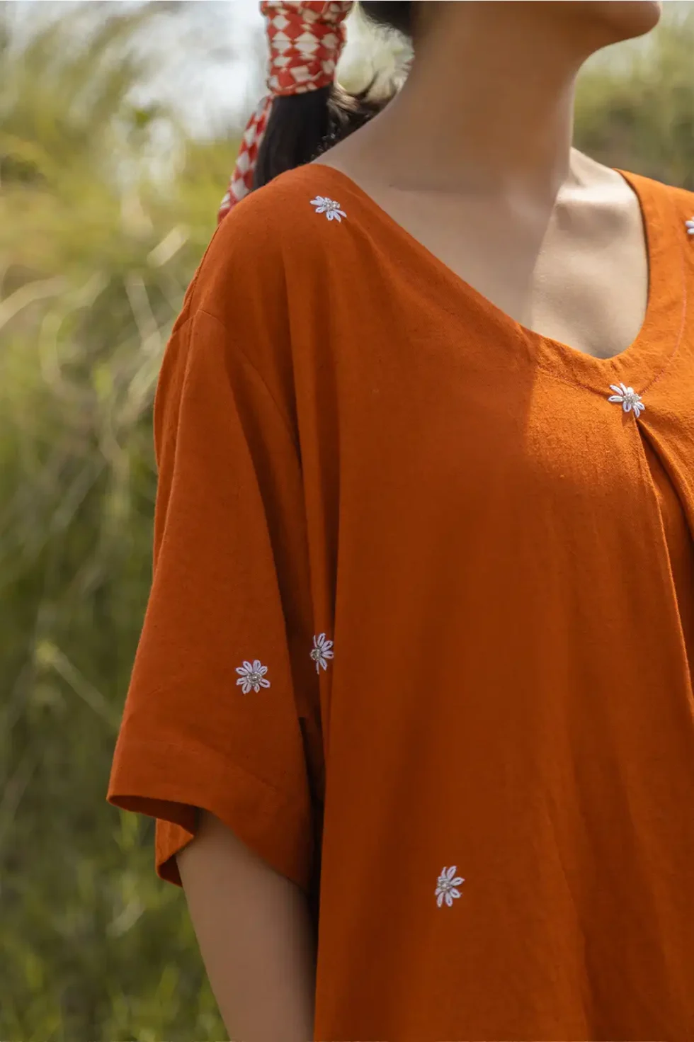 terra midi, a-line dress, hand embroidery, bead work dress, floral embroidery dress, women’s dress, artisan dress, sustainable fashion, eco clothing, Sepia Stories