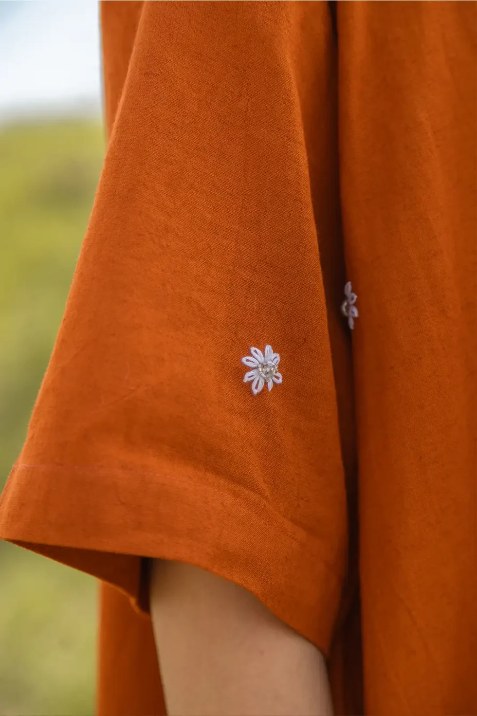 terra midi, a-line dress, hand embroidery, bead work dress, floral embroidery dress, women’s dress, artisan dress, sustainable fashion, eco clothing, Sepia Stories