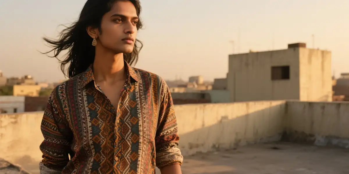 diverse fashion collection, stylish bearded man dark wavy hair pink Ikat shirt pattern hands in pockets, confident dark-haired male side profile brown Ikat shirt rooftop urban skyline outstretched arm, poised woman long dark hair wind-blown brown Ikat shirt earring accent blurred cityscape, colorful Ikat shirts display vibrant red blue green yellow hues traditional woven textile patterns, multicolor Ikat shirts collection red yellow blue green shades variety, minimalist light gray background rooftop outdoor setting, ethnic textile design cultural heritage clothing, modern traditional blend contemporary fashion concept, vibrant pattern contrast dynamic color contrast, artistic textile art creative fabric design, cultural elegance contemporary style illustration, traditional craft focus modern heritage fusion