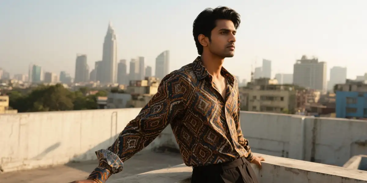 diverse fashion collection, stylish bearded man dark wavy hair pink Ikat shirt pattern hands in pockets, confident dark-haired male side profile brown Ikat shirt rooftop urban skyline outstretched arm, poised woman long dark hair wind-blown brown Ikat shirt earring accent blurred cityscape, colorful Ikat shirts display vibrant red blue green yellow hues traditional woven textile patterns, multicolor Ikat shirts collection red yellow blue green shades variety, minimalist light gray background rooftop outdoor setting, ethnic textile design cultural heritage clothing, modern traditional blend contemporary fashion concept, vibrant pattern contrast dynamic color contrast, artistic textile art creative fabric design, cultural elegance contemporary style illustration, traditional craft focus modern heritage fusion